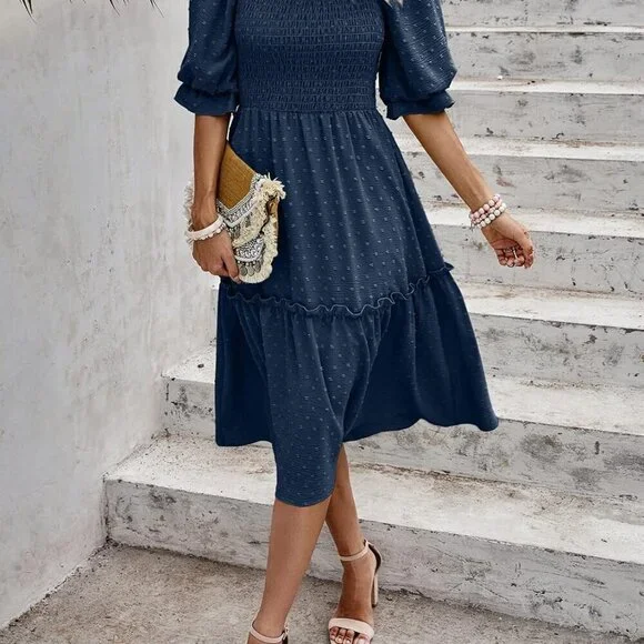 Women's Summer Casual Dresses 2025 Spring Puff Sleeve Square Neck A-line  Flowy B